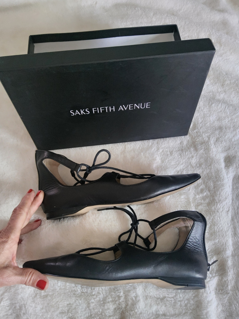 Saks Fifth Avenue Pointed Ballet Flats with Lace-Up Detail